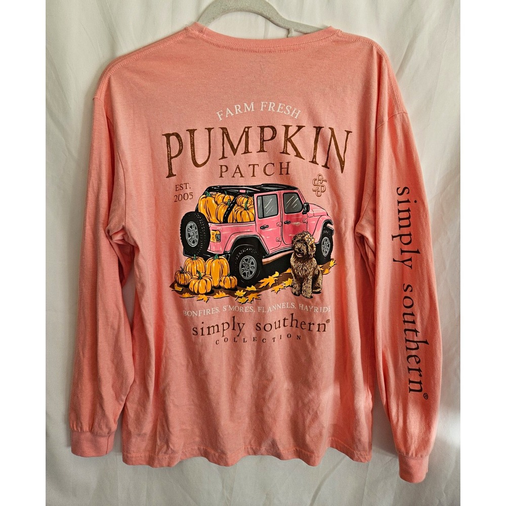 Simply Southern Pumpkin Patch Graphic Tee Unisex M Pink Long Sleeve Crew Neck
